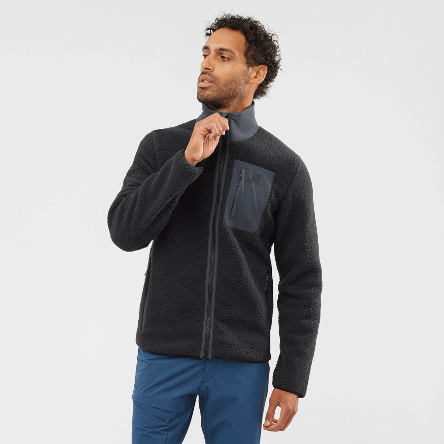 Men's Full Zip Midlayer Jacket Outline Warm Teddy Black-Ebony