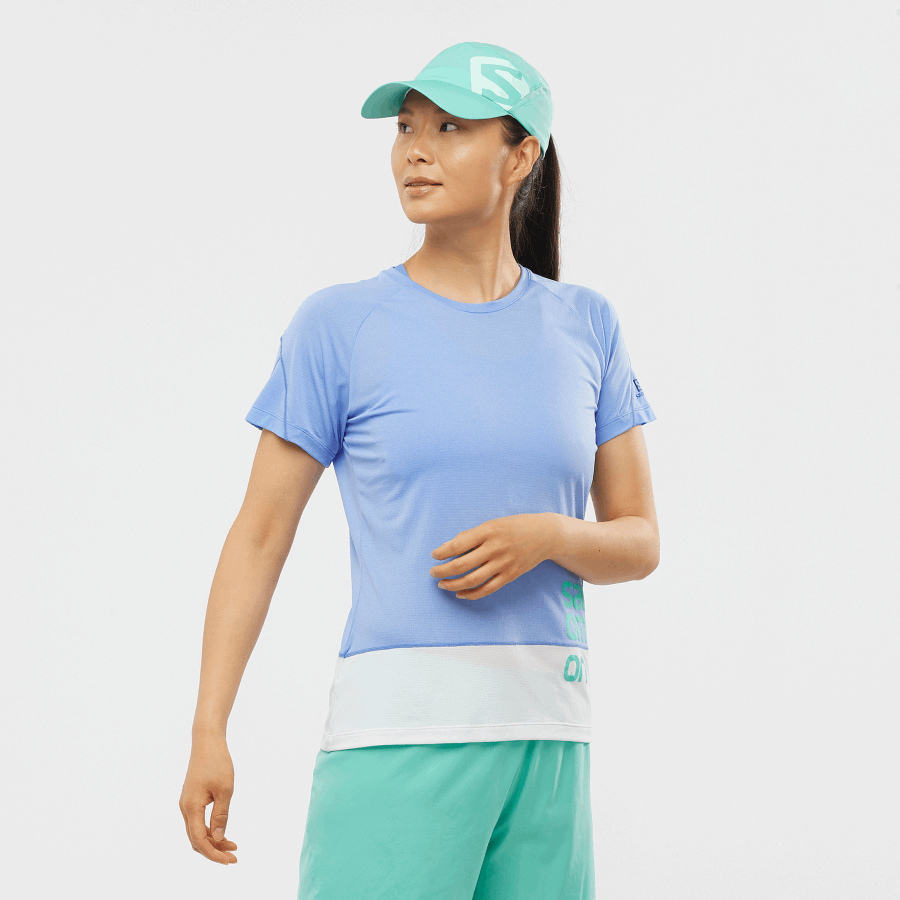 Women's Short Sleeve T-Shirt Cross Run Graphic Provence-White-Pool Blue